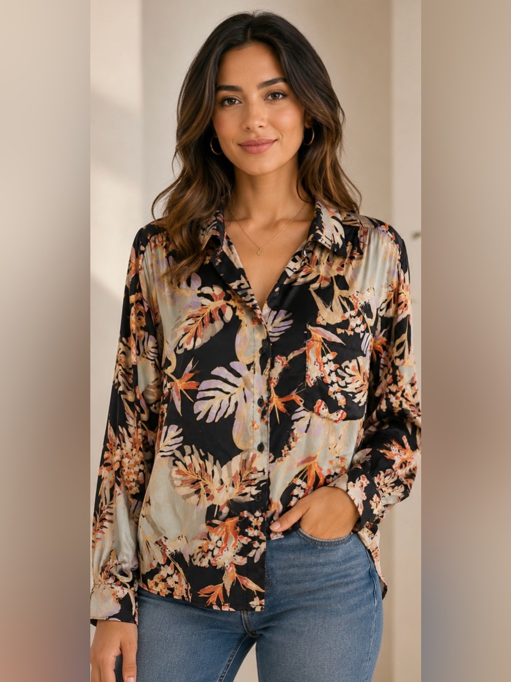 Free People‎ Black and Cream Floral Top